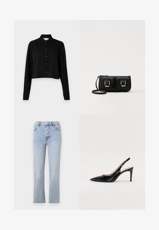 Camisa negra corta con mangas largas, cuello puntiagudo y botones en la parte delantera. Fabricada en un tejido suave con un corte holgado y mangas con puños.; Jeans de denim azul claro con un diseño de pierna recta, cinco bolsillos, un cierre de botón y cremallera, y detalles de costura visibles.; Zapatos de charol negro con tirante al tobillo, punta afilada, tacón delgado y un diseño de corte sutil. Presenta una hebilla dorada en la correa.; Bolso cruzado de cuero negro con dos bolsillos frontales, hebillas doradas, cierre de cremallera y una correa delgada. Superficie texturizada y forma rectangular compacta.