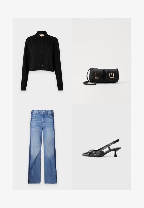 Juodas trumpas marškinėliai su ilgomis rankovėmis, smailiu apykakle ir mygtukų priekyje. Pagamintas iš lygaus audinio su laisvu siluetu ir apverčiamos rankovėmis.; Džinsai su plačiais kojomis, dviejų tonų mėlynos spalvos audinys su akcentuotais spalvų pjūviais, vidutinio aukščio liemuo ir standartinis penkių kišenių stilius.; Juodas odinis slingback tipo batai su smailiu priekiniu atvartu, dekoratyvinėmis sagtimis su metaliniais akyčiais ir žemu blokiniu kulnu. Saldus paviršius.; Juodas odinis per petį nešiojamas krepšys su dviem priekiniais kišenėmis, auksiniais sagtimis, užtrauktuko uždarymu ir siauromis petnešomis. Textūruota paviršius ir kompaktiškas stačiakampis formatas.