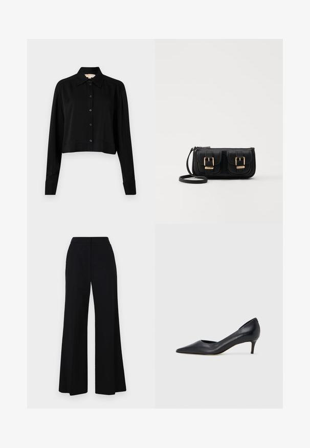 Schwarzes, kurzes Hemd mit langen Ärmeln, einem spitzen Kragen und Knopfverschluss. Hergestellt aus glattem Stoff mit lockerer Passform und geknöpften Ärmeln.; Schwarze weit geschnittene Hose mit hohem Bund, glattem Stoff und klaren Linien. Keine sichtbaren Beschläge oder Muster.; Schwarzer Pumps aus Leder mit spitzer Zehenpartie und niedrigem Absatz. Verfügt über eine glatte Textur und dezenten Glanz. Vordere Öffnung für ein zusätzliches Detail.; Schwarze Leder-Umhängetasche mit zwei vorderen Taschen, goldenen Schnallen, Reißverschluss und einem schmalen Tragegurt. Texturierte Oberfläche und kompakte rechteckige Form.