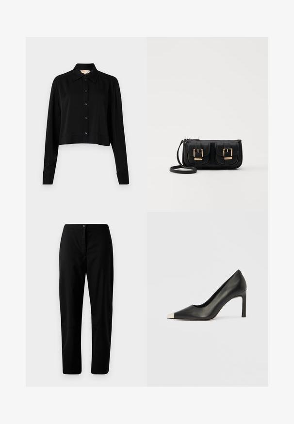 Czarna krótka bluzka z długimi rękawami, spiczastym kołnierzykiem i zapięciem na guziki. Wykonana z gładkiego materiału, ma luźny krój i mankiety.; Czarne spodnie o prostych nogawkach z zapięciem na guzik i zamek błyskawiczny, gładki materiał i minimalne detale na jednolitym jasnym tle.; Czarny skórzany but na wysokim obcasie z ostrym noskiem i metaliczną srebrną nasadką. Posiada gładkie wykończenie i smukły obcas o wysokości 10 cm.; Czarna skórzana torba na ramię z dwoma przednimi kieszeniami, złotymi klamrami, zamkiem błyskawicznym i cienkim paskiem. Teksturowana powierzchnia i kompaktowy prostokątny kształt.