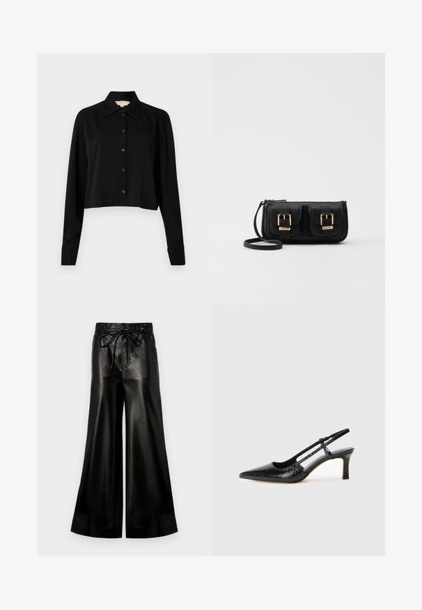 Melnas īsās piedurknes krekls ar garām piedurknēm, smailu apkakli un pogu aizdari. Izgatavots no gludas auduma ar brīvu piegriezumu un piedurkņu apakšām.; Melna ādas plaša kāju bikses ar aukliņu viduklī. Gluda tekstūra, augsts jostas līmenis, brīvs piegriezums, ar sānu kabatām un pogu aizdari.; Melna patent āda ar slīdošo papēdi un smailo purngalu, ar teksturētu čūsku drukājumu, regulējamu siksniņu un īsu teksturētu blokpapēdi.; Melnas ādas crossbody soma ar divām priekšējām kabatām, zelta sprādzēm, ar rāvējslēdzēju aizdari un šauru siksnu. Strukturēta virsma un kompakta taisnstūra forma.