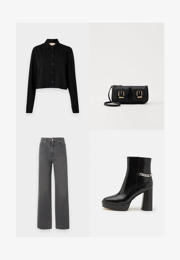 Črni kratki top z dolgimi rokavi, s končnim ovratnikom in gumbi spredaj. Narejen iz gladkega materiala z sproščenim krojem in manšeti na rokavih.; Široke, sivo-denim jeans hlače z visokim pasom, sprednjim gumbom in kontrastnim šivom. Imajo dve bočni žepi in gladko teksturo.; Črne lakirane gležnjarje z debelo platformo in visokim blok peto. Imajo srebrno verigo kot okras ob strani. Gladka tekstura.; Črna usnjena torbica čez ramo z dvema sprednjima žepoma, zlatimi zaponkami, zadrgo in ozkim pasom. Tekstura površine je strukturirana, obliko pa ima kompaktno pravokotno.