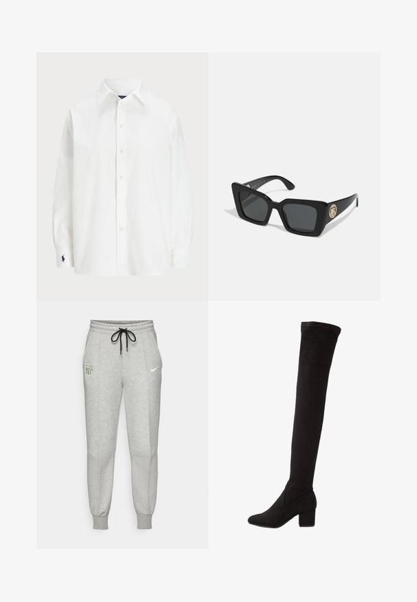 Biała bawełniana koszula z długim rękawem, z wyłogami, z zapięciem na guziki i niebieskim haftowanym logo na mankiecie. Gładka struktura, standardowy krój.; Jasnoszare dresy z czarnym sznurkiem, elastycznymi ściągaczami, logo FC Barcelony na lewej udzie i neonowym logo Nike na prawej udzie.; Czarne zamszowe botki za kolano na słupku, z gładką teksturą i dopasowanym fasonem sięgającym powyżej kolana.; Czarne kwadratowe okulary przeciwsłoneczne z ciemnymi soczewkami i błyszczącymi czarnymi ramionami. Posiadają złoty okrągły akcent hardware po boku. Gładka tekstura na całej powierzchni.; COACH - Torebka; Złoty różowy bransoleta składająca się z dwóch splatających się pasm, z jednym ozdobionym rzędem diamentów, gładką powierzchnią i gładkimi krawędziami.