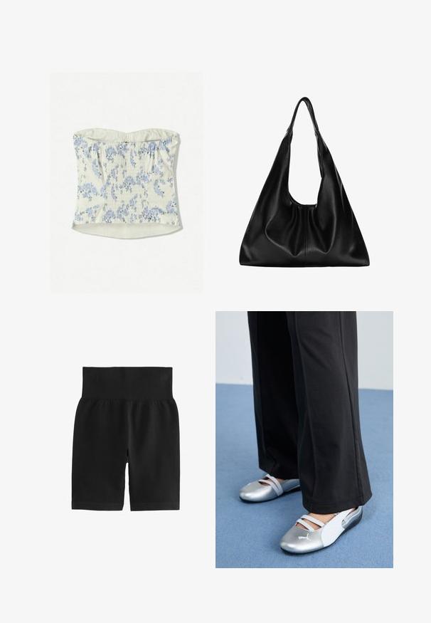 Bloemmotief strapless top in lichtcrème met blauwe bloemen. Heeft gerimpelde stofdetails in het midden en een recht gesneden zoom.; Zwarte geribbelde shorts met een brede elastische tailleband, gladde textuur en een aansluitend ontwerp. Het materiaal is rekbaar voor bewegingsgemak.; Zilveren en witte platte schoenen met kruislingse banden en textuurdetails, aangevuld met losse zwarte broeken. Geplaatst tegen een blauwe vloer.; Zwarte leren hobo tas met een zachte, gebogen vorm. Heeft een brede bovenhandgreep en plooien aan de onderkant voor een slappe textuur.