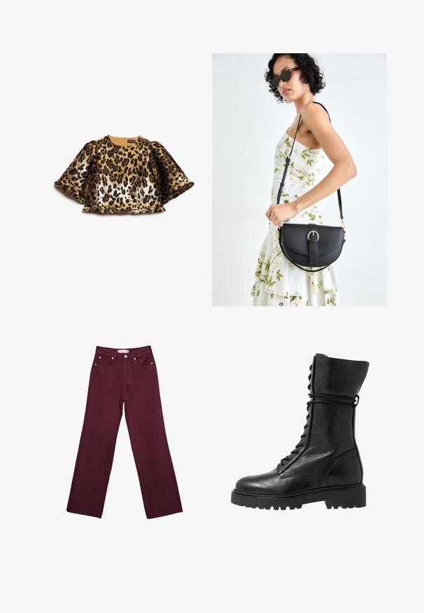 Halenka s leopardím vzorem ve zlaté a černé barvě, s krátkými nafouklými rukávy a kulatým výstřihem. Obsahuje zip na zadní straně.; Burgundské džíny s vysokým pasem a rovnými nohavicemi, s předními kapsami, zapínáním na knoflík a měděnými kovovými akcenty.; Černé kožené bojové boty s texturovaným povrchem, designem do výše kolen, šněrováním v přední části a masivní gumovou podrážkou s drážkovaným vzorem.; Černá kožená kabelka s křivkovým tvarem, odnímatelným popruhem a zlatými detaily. Kabelka má klopu s přezkou.