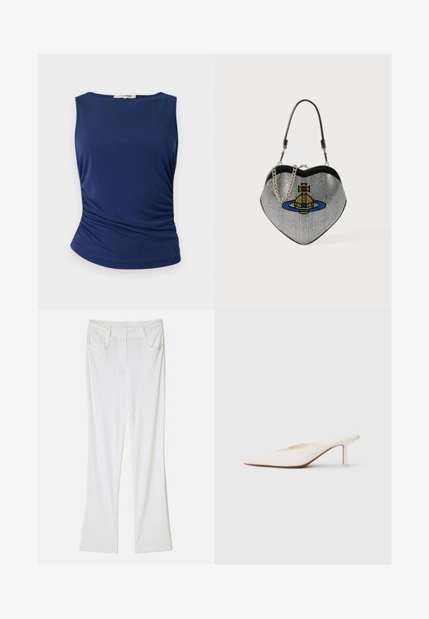 Sininen, ilman hihoja oleva paita, joka on valmistettu sileästä, joustavasta kankaasta. Sisältää rypytettyä sivuyksityiskohtaa ja pyöristetyn helman, joka antaa vartalonmyötäisen ilmeen.; Valkoiset leveälahkeiset housut, joissa on sileä kangas, kahdella etutaskulla ja ommeltu vyötärö, joka luo istuvan ilmeen.; Valkoiset, teräväkärkiset muulit matalalla stiletto-korolla. Valmistettu sileästä materiaalista, minimalistisella muotoilulla ja hienovaraisella ruskealla pohjadossilla.; Sydänmuotoinen käsilaukku, joka on valmistettu verkkomateriaalista metallipinnoitteella. Laukussa on kissan ja planeetan kuvasto sinisissä, keltaisissa ja punaisissa väreissä. Mukana ketjuhihna.