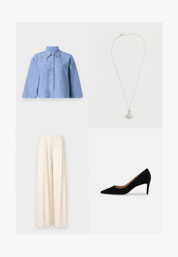 Chemisette bleu clair en lin, avec un col pointu, une fermeture à boutons à l'avant et des manches trois-quarts au toucher lisse.; Norma Kamali MENS PLEAT - Pantalon classique - cream; Stuart Weitzman Escarpins - black; Collier en chaîne en argent avec un pendentif en forme de fusée, comportant une pierre centrale ronde de type diamant et une base circulaire. Fini détaillé et poli.