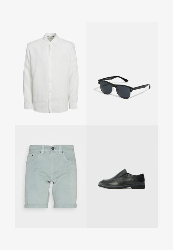 Weißes Langarmhemd aus Leinen, mit einer Knopfleiste, klassischem Kragen und subtiler Textur. Die Ärmel enden am Handgelenk mit Knopfmanschetten.; Helle blaue Jeansshorts mit umgeschlagenem Saum, ausgestattet mit vorderen Taschen und einem einzelnen schwarzen Knopfverschluss an der Taille. Glatte Textur.; Schwarze Leder-Slipper mit glattem Obermaterial, gesteppten Akzenten, runder Zehenpartie und niedrigem Gummiabsatz. Die Sohle hat ein minimales Profil.; Schwarze Sonnenbrille mit rechteckiger Form, dunklen Gläsern, silbernen Akzenten an den Bügeln und mattierter Oberfläche des Rahmens.