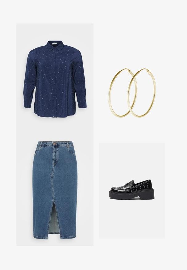 Tamno plava bluzica od mekog materijala, s prednjim kopčanjem na dugmad, ovratnikom, dva džepa na prsima i uzorkom zvijezda s metalnim naglascima.; Traper suknja s visokim strukom, plave pranje, s prednjim prorezom, dvije bočne džepove i klasičnim dizajnom s pet džepova.; Crne kožne mokasine sa srebrnim zakovicama, s masivnom platformom i širokom trakom preko gornjeg dijela. Glatka tekstura, zaobljen oblik.; Zlatne kružne naušnice s glatkim, zaobljenim dizajnom i sjajnom završnom obradom. Lagana konstrukcija s sigurnim kopčanjem.