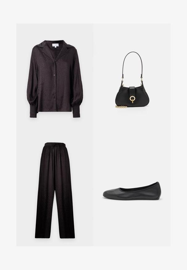 Melna satīna blūze ar smalku dzīvnieku rakstu, pogu aizdari un brīvu piegulšanu. Iezīmējas ar puffed piedurknēm un smocked detaļām pie aprocēm.; Melna platā kāju bikses ar elastīgu jostas vietu un smalku leopardu rakstu, ar saites auklu priekšpusē.; Melna ādas baleta kurpe ar noapaļotu purngalu, gludu tekstūru, minimālu šuvju detalizāciju un elastīgu zoles dizainu.; sandro JANET - Rokassoma - noir