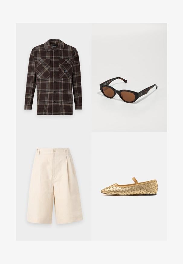 Brunternet ternet skjortejakke med to frontlomme med knapper og et lille logo patch på højre lomme.; Beige linned shorts med en afslappet pasform, med knaplukning, plisseret design og knælang længde. Glat tekstur og enkel stil.; Loeffler Randall LEONIE SOFT BALLET FLAT - Ballerinasko m/ rem - gold; Sorte skildpadde-solbriller med brune linser, kantet design og brede arme med en diskret logodetail. Glat plastisk tekstur.; Mørkegrøn suedetaske til tværgående bæring med en lynlåslukning på toppen, flad form, justerbar rem med perforeringer og en glat, mat tekstur.