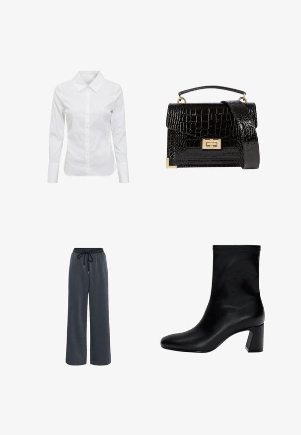 Witte lange mouwen shirt met een klassieke kraag, knoopsluiting aan de voorkant en een gladde katoenstof. Minimalistisch ontwerp, geen patronen of accenten.; Kaffe NEVIL - Broek - dark grey melange; Zwarte enkellaars van soepel leer. Heeft een vierkante neus, een elastische bovenkant en een chunky hak voor stabiliteit. Minimalistisch ontwerp.; Zwarte patenten leren handtas met een krokodillenstructuur, gouden hardware, een bovenhandvat en een afneembare schouderband. Rechthoekige vorm met een klepafsluiting.