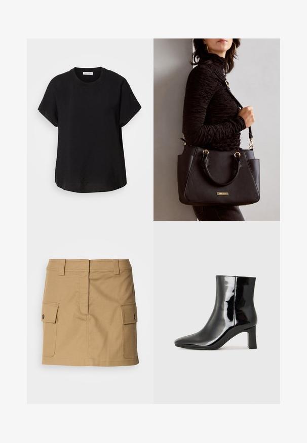 Čierne tričko s krátkym rukávom a okrúhlym výstrihom. Vyrobené z ľahkej látky, má voľný strih a rovný lem na spodnej strane.; Khaki bavlnená sukňa s priliehavým pásom, dvojitými bočnými vreckami so sklopnými uzávermi a rovný strih. Odolná tkanina s hladkou textúrou.; Čierne lakované členkové topánky s špicatou špičkou a stredne vysokým blokovým podpätkom. Hladká textúra a minimalistický dizajn.; Čierna kabelka s textúrovaným povrchom, dvojitými hornými rúčkami a nastaviteľným ramenným popruhom. Obsahuje zlaté kovanie a bočné vrecká.