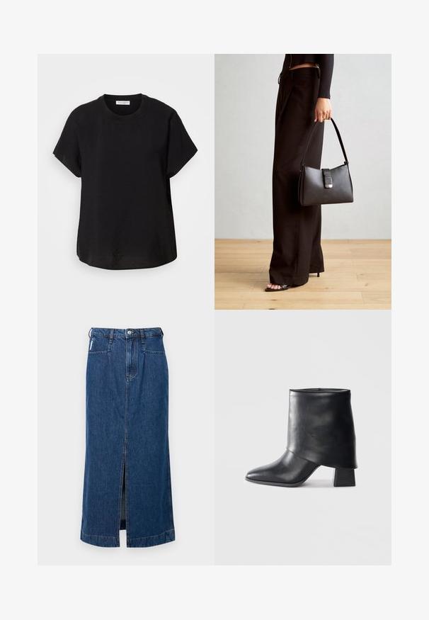 Sort kortærmet t-shirt med rund halsudskæring. Fremstillet af letvægtsstof, med en afslappet pasform og en lige kant forneden.; Denim midi-skirt i mørkeblå, med en frontslid, fem-lomme design og bæltestropper i taljen. Glat, robust tekstur.; Sort læder ankelstøvle med spids tå, glat tekstur og en struktureret blokhæl. Har et højt, foldet kravedesign.; Sort håndtaske med struktureret form, glat overflade og metalspænde. Sammen med brede sorte bukser og sandaler med åben tå på trægulv.