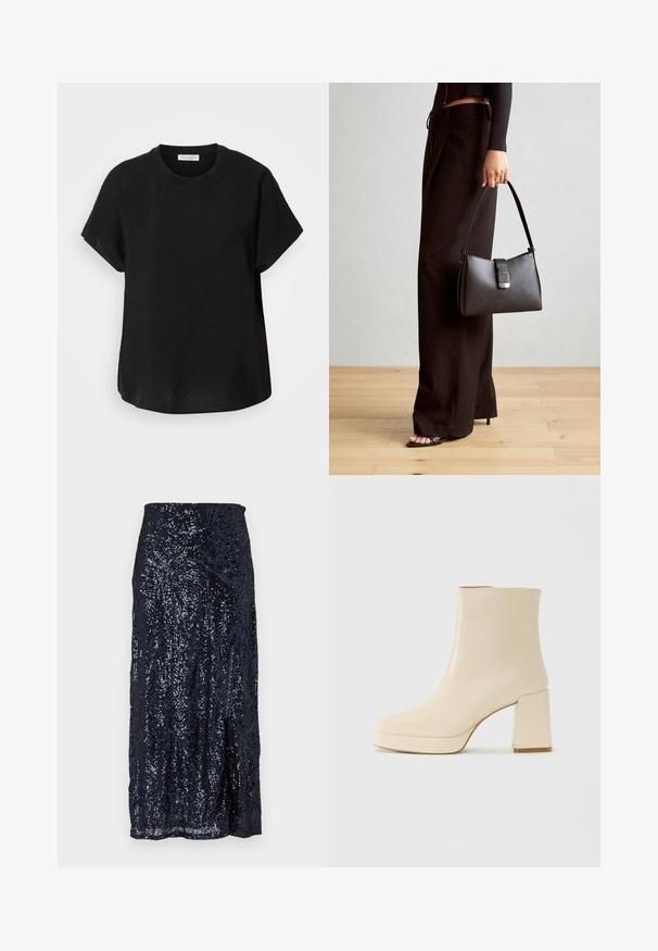 Melnas īsām piedurknēm t-kreklu ar apaļu kakla izgriezumu. Izgatavots no viegla auduma, ar brīvu piegriezumu un taisnu apakšmalu.; Zila sequīna midi svārki ar gludu tekstūru, kas izceļas ar pieguļošu jostu un vieglu izplūšanu apakšmalā. Dizaini veido atstarojumus.; Beige ādas potītes zābaki ar blokveida papēdi un platformas zoli, gluda virsma un nedaudz kvadrātveida purngali, vērsti pa kreisi uz balta fona.; Melnā somiņa ar strukturētu formu, gludu tekstūru un metālu sprādzi. Saskaņota ar platām melnām biksēm un sandālēm ar atvērtu purngalu uz koka grīdas.