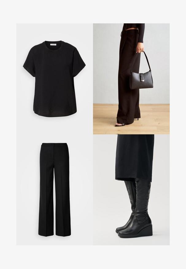 Černé tričko s krátkým rukávem a kulatým výstřihem. Vyrobeno z lehké tkaniny, má volný střih a rovný spodní lem.; Černé kalhoty s širokými nohavicemi z hladkého materiálu, s vysokým pasem, tailorovými švy a minimalistickým designem. Žádné viditelné kovové prvky ani kapsy.; Černé kožené vysoké boty po kolena s klínovým podpatkem, s hladkou texturou a bočním zipem. Navrženy s elegantním a přiléhavým střihem.; Černá kabelka se strukturovaným tvarem, hladkým povrchem a kovovým uzávěrem. Kombinována s širokými černými kalhotami a sandály s otevřenou špičkou na dřevěné podlaze.
