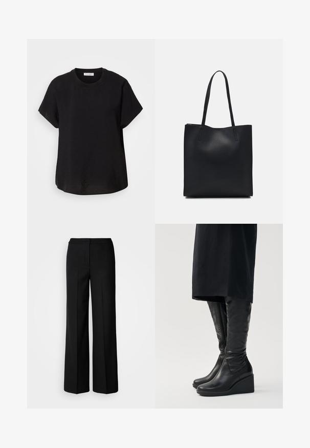 Czarny t-shirt z krótkim rękawem i okrągłym dekoltem. Wykonany z lekkiego materiału, charakteryzujący się luźnym krojem i prostym dołem.; Czarne szerokie spodnie o gładkim materiale, z wysokim stanem, dopasowanymi szwami i minimalistycznym designem. Brak widocznych zapięć lub kieszeni.; Czarne skórzane kozaki za kolano na koturnie, z gładką fakturą i bocznym zamkiem błyskawicznym. Zaprojektowane z elegancką, dopasowaną sylwetką.; Czarna skórzana torba tote o gładkiej fakturze, prostokątnym kształcie i dwóch długich uchwytach. Brak widocznych elementów metalowych i ozdób.