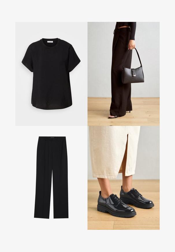 Czarny t-shirt z krótkim rękawem i okrągłym dekoltem. Wykonany z lekkiego materiału, charakteryzujący się luźnym krojem i prostym dołem.; Czarne spodnie o prostym kroju nogawek, z dwoma przednimi kieszeniami i paskiem w talii. Wykonane z gładkiego, lekkiego materiału.; Czarne lakierowane buty na grubej czarnej podeszwie, z sznurowanym zapięciem i okrągłymi noskami, noszone z jasnobeżową spódnicą.; Czarna torebka o usztywnionym kształcie, gładkiej fakturze i metalowym zapięciem. Połączona z szerokimi czarnymi spodniami i sandałami na otwartym palcu na drewnianej podłodze.