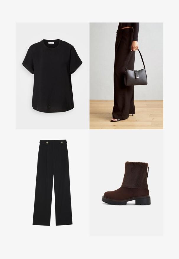 Black short-sleeve t-shirt with a round neckline. Made of lightweight fabric, featuring a relaxed fit and a straight hem at the bottom.; Black wide-leg trousers with high waist, button details on waistband, and front pleats.; Brown ankle boot with a soft faux fur shaft, block heel, and textured rubber sole. Side zip closure and stitched detail around the base.; Black handbag with structured shape, smooth texture, and a metallic clasp. Paired with wide black pants and open-toe sandals on wooden floor.