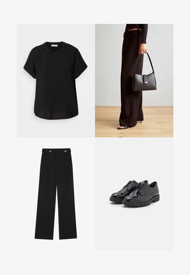 Svart t-skjorte med korte ermer og rund hals. Laget av lett stoff, med en avslappet passform og en rett kant nederst.; Svart vide bukser med høy midje, knappdetaljer på midjebåndet og frontplisser.; Sorte patentlæder sko med rund tå, snørelukning, gummisål med tekstur og subtile stikninger langs siderne.; Svart håndveske med strukturert form, jevn tekstur og metallisk lås. Kombinert med brede svarte bukser og sandaler med åpen tå på tregulv.