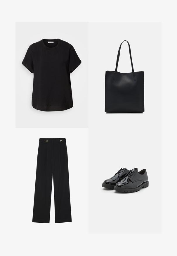 Fekete rövid ujjú póló kerek nyakkivágással. Könnyű anyagból készült, laza fazonnal és egyenes végű aljjal.; Fekete, bő szárú nadrág magas derékkal, gombos részletekkel a derékrészen és elülső pliszékkal.; Fekete lakkbőr cipők kerek orral, fűzős kialakítással, mintás gumitalppal és finom varrási részletekkel az oldalán.; Fekete bőrtáska sima felszínnel, téglalap alakú, két hosszú füllel. Nincs látható fémkiegészítő vagy díszítés.