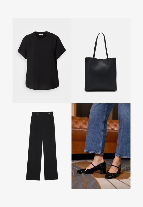 Fekete rövid ujjú póló kerek nyakkivágással. Könnyű anyagból készült, laza fazonnal és egyenes végű aljjal.; Fekete, bő szárú nadrág magas derékkal, gombos részletekkel a derékrészen és elülső pliszékkal.; Fekete lakk bőr magassarkú cipők hegyes orral, vastag sarokkal és bokapánttal, széles lábú farmernadrággal viselve, mintás szőnyegen.; Fekete bőrtáska sima felszínnel, téglalap alakú, két hosszú füllel. Nincs látható fémkiegészítő vagy díszítés.