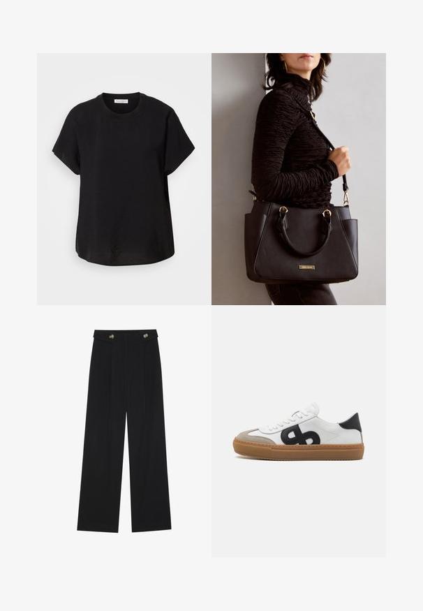 Schwarz, kurzärmliges T-Shirt mit Rundhalsausschnitt. Hergestellt aus leichtem Stoff, mit entspannter Passform und geradem Saum am unteren Ende.; Schwarze weite Hosen mit hoher Taille, Knopfdetails am Bund und vorderen Falten.; Weiße Leder-Sneaker mit schwarzem Logo, Suede-Akzenten und Gummisohle. Besitzt flache weiße Schnürsenkel und ein rundes Zehen-Design.; Schwarze Handtasche mit strukturierten Oberflächen, doppelten Obergriffen und verstellbarem Schultergurt. Mit goldfarbener Hardware und Seitentaschen.