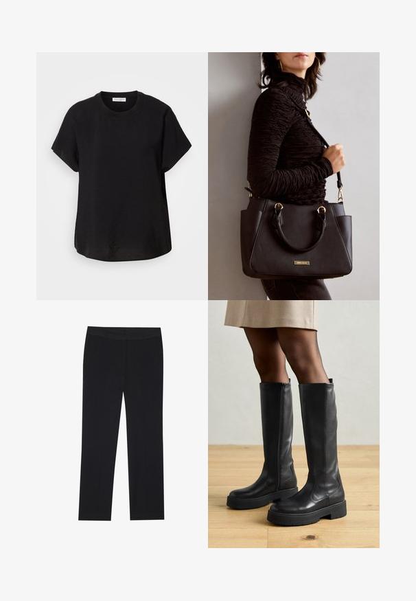 Svart t-skjorte med korte ermer og rund hals. Laget av lett stoff, med en avslappet passform og en rett kant nederst.; Sorte bukser med rette ben, med sidelommer og en glat stoffeksur. Minimal detaljer, ren linning.; Sorte kneehøye støvler laget av skinn med en jevn tekstur, med en tykk gummisåle og en glidelås på siden for enkel påkledning.; Svart håndveske med teksturert overflate, doble topphåndtak og justerbar skulderrem. Har detaljer i gulltone og sidelommer.