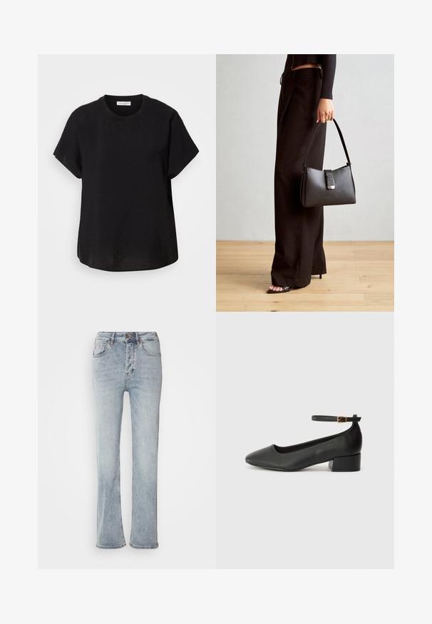 Black short-sleeve t-shirt with a round neckline. Made of lightweight fabric, featuring a relaxed fit and a straight hem at the bottom.; Light blue denim jeans with a high waist, straight leg design, and a slight flare at the hem. Features stitching accents and a zip fly.; Black leather pump with a pointed toe and a low block heel. Features an ankle strap with a gold-tone buckle. Smooth texture.; Black handbag with structured shape, smooth texture, and a metallic clasp. Paired with wide black pants and open-toe sandals on wooden floor.