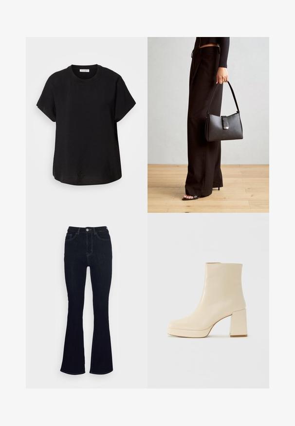 Mustale lühikese varrukaga T-särk, ümmarguse dekolteega. Valmistatud kergest kangast, lõdva istuvuse ja sirge äärisega all.; Marks & Spencer Alt laienevad teksad - indigo mix; Beige nahkaste kõrged saapad plokknõelaga ja platvormpõhjaga, siledat viimistlust ja kergelt ruudukujulist varvatoe, vasakul valgel taustal.; Must musta kott, millel on struktureeritud kuju, sile tekstuur ja metallist klamber. Kombineeritud laiate mustade pükstega ja avatud varvaste sandaalidega puidust põrandal.