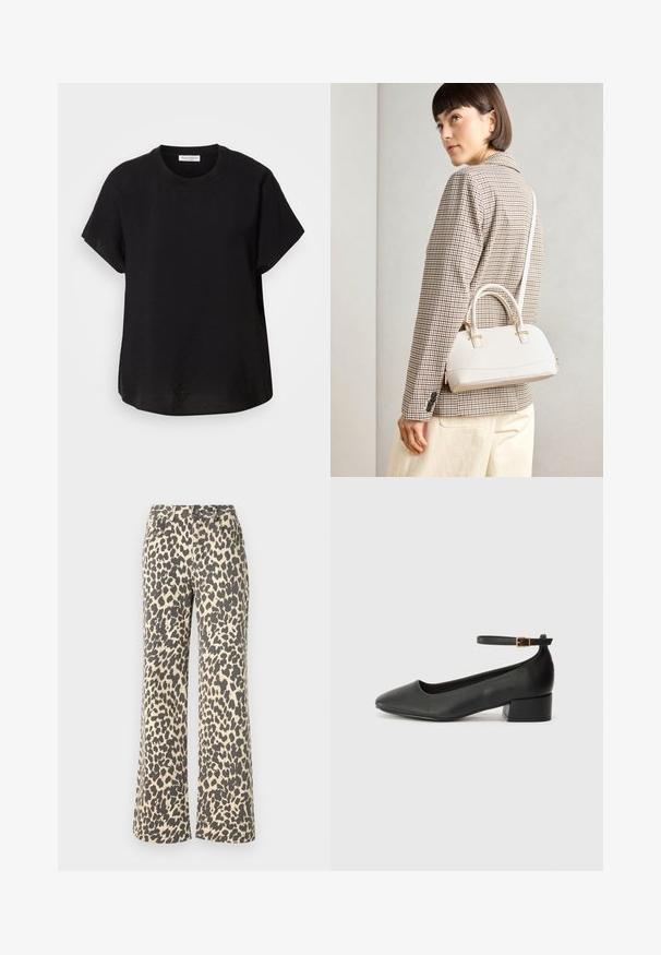 Black short-sleeve t-shirt with a round neckline. Made of lightweight fabric, featuring a relaxed fit and a straight hem at the bottom.; Leopard-print denim trousers with a high waist, light tan base, and dark brown spots; flared leg design; sturdy fabric with a soft texture.; Black leather pump with a pointed toe and a low block heel. Features an ankle strap with a gold-tone buckle. Smooth texture.; White structured handbag with short handles and a shoulder strap, featuring gold hardware accents and textured material, displayed against a grey background.