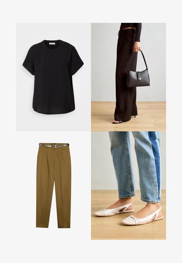Fekete rövid ujjú póló kerek nyakkivágással. Könnyű anyagból készült, laza fazonnal és egyenes végű aljjal.; Barna, szabott nadrág, pleátli fronttal és karcsúsított derékkal. Sötétbarna bőröv tartozik hozzá, kerek csattal.; Világos rózsaszín slingback laposlábú cipők, hegyes orral, sima bőrhatású anyagból készült. Oldalt kivágott részletek találhatók rajta, valamint lapos sarkú.; Fekete kézi táska strukturált formával, sima textúrával és fémből készült záródással. Széles fekete nadrággal és nyitott orrú szandállal párosítva, fából készült padlón.