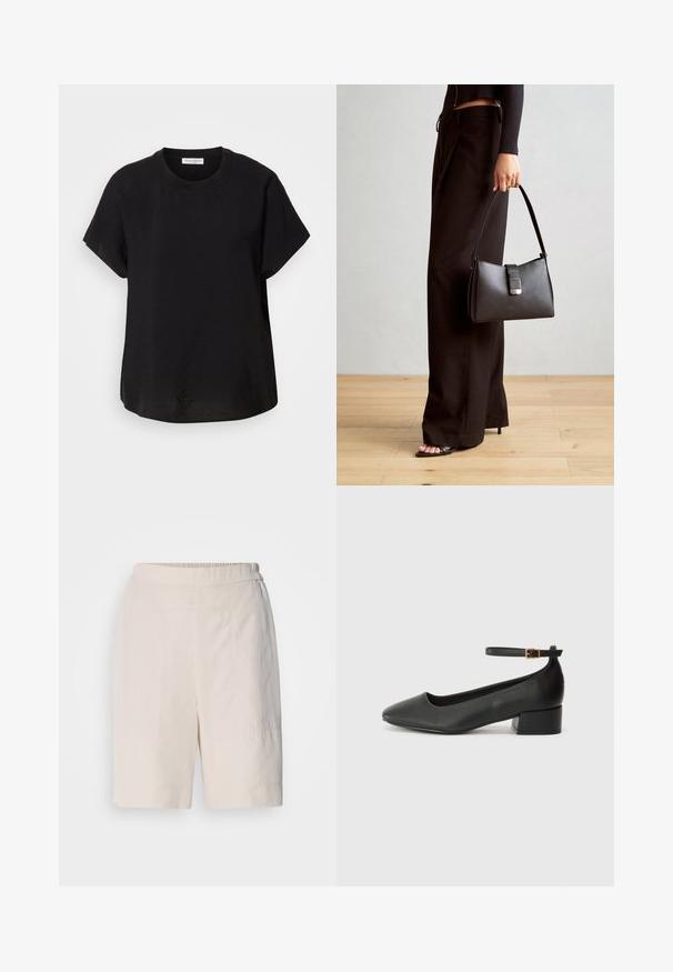 Black short-sleeve t-shirt with a round neckline. Made of lightweight fabric, featuring a relaxed fit and a straight hem at the bottom.; Cream-colored shorts with a relaxed fit, featuring a flat front, elastic waistband, and subtle stitching details on the sides.; Black leather pump with a pointed toe and a low block heel. Features an ankle strap with a gold-tone buckle. Smooth texture.; Black handbag with structured shape, smooth texture, and a metallic clasp. Paired with wide black pants and open-toe sandals on wooden floor.