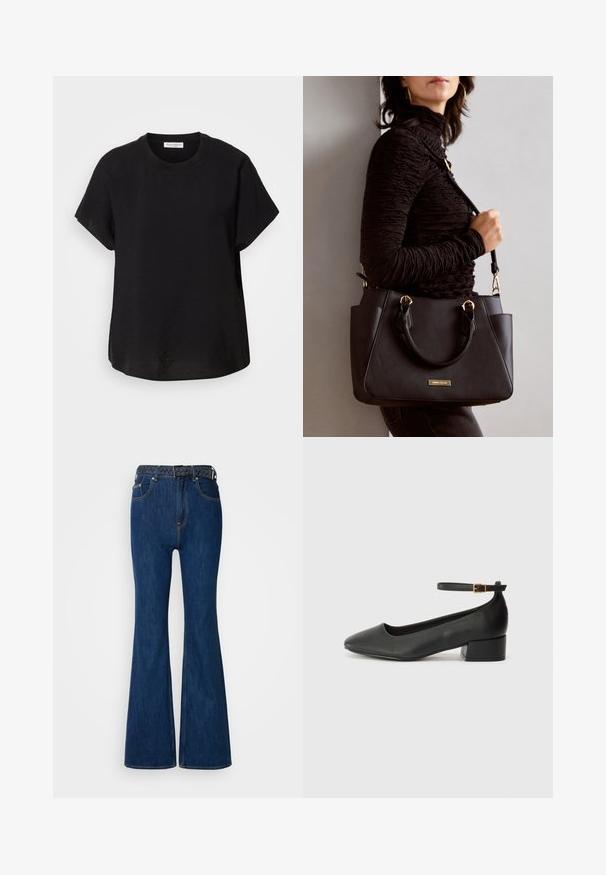 Fekete rövid ujjú póló kerek nyakkivágással. Könnyű anyagból készült, laza fazonnal és egyenes végű aljjal.; Kék farmer flared farmernadrág magas derékkal, kontraszt varrással és fonott mintával rendelkező szőtt övvel. Simás textúra és klasszikus stílus.; Fekete bőr magassarkú cipő hegyes orral és alacsony tömb sarkal. Bokapánttal rendelkezik, aranyszínű csattal. Simább textúra.; Fekete kézitáska texturált felülettel, dupla felső fogantyúval és állítható vállpánttal. Arany színű fém kiegészítők és oldalsó zsebek találhatók rajta.