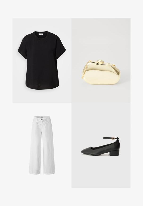 Black short-sleeve t-shirt with a round neckline. Made of lightweight fabric, featuring a relaxed fit and a straight hem at the bottom.; White wide-leg trousers made of denim, featuring a drawstring waist, front pockets, and a button closure. Smooth texture and plain design.; Black leather pump with a pointed toe and a low block heel. Features an ankle strap with a gold-tone buckle. Smooth texture.; Metallic gold clutch with a smooth, rounded shape, featuring a top button clasp and a small chain strap for carrying.