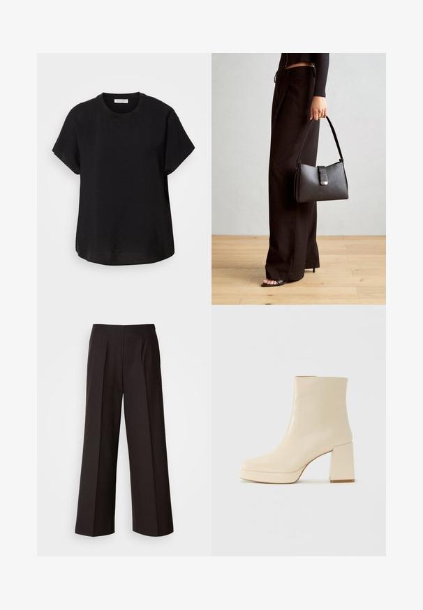 Tricou negru cu mânecă scurtă și decolteu rotund. Confecționat dintr-un material ușor, având o croială lejeră și un tiv drept la baza.; Pantaloni negri cu laturi largi, cu o față plată, pliseuri și o textură de țesătură fină. Prezintă un talie înaltă și o croială ajustată pentru un fit structurat.; Cizmă de gleznă din piele bej, cu toc pătrat și talpă platformă, cu un finisaj neted și vârf ușor pătrat, orientată spre stânga pe fundal alb.; Genți negre cu o formă structurată, textură netedă și un închizător metalic. Asortată cu pantaloni negri largi și sandale cu vârf deschis pe un podea din lemn.