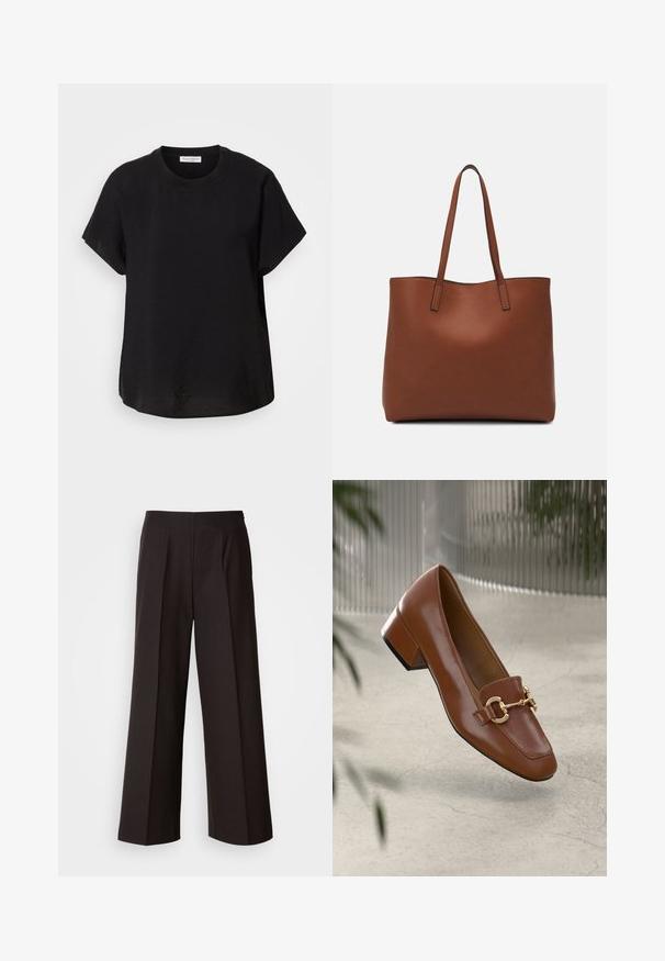 Melnas īsām piedurknēm t-kreklu ar apaļu kakla izgriezumu. Izgatavots no viegla auduma, ar brīvu piegriezumu un taisnu apakšmalu.; Melni platleņķa bikses ar gludu priekšpusi, krokām un gludu auduma struktūru. Piedāvā augstu jostasvietu un pielāgotu griezumu, kas nodrošina strukturētu piegriezumu.; Brūni lakoti ādas loaferi ar kvadrātu purngalu, metālisku ķēdes akcentu un zemu blokveida papēdi; gluda tekstūra, minimālisma dizains.; Brūna ādas iepirkumu soma ar gludu tekstūru, atvērta augšdaļa un divas plecu siksnas. Izceļas ar minimālām šuvēm un redzamu aparatūru nav.