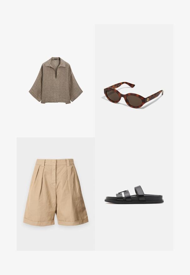 Brown linen blouse with a collar, deep V-neck, and wide bell sleeves. Features vertical white stripes and a relaxed, boxy shape.; Beige linen shorts with a high waist, two front pleats, and rolled cuffs. Smooth texture with a tailored design.; Black slide sandals featuring two wide straps and a minimalist design. Made from smooth synthetic material with a flat sole.; Tortoiseshell sunglasses with rounded frames, dark lenses, and gold logo detailing on the temples. Smooth plastic material, no visible patterns.