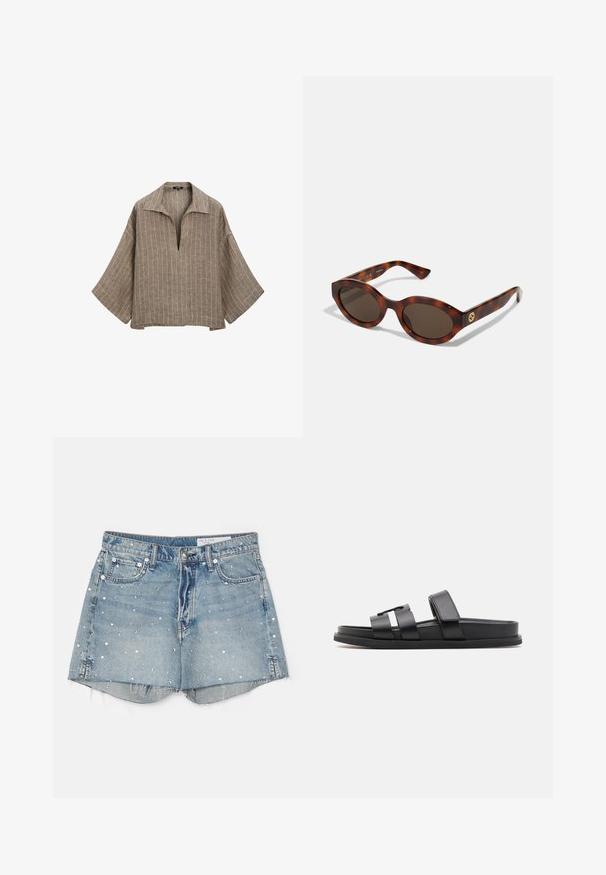 Brown linen blouse with a collar, deep V-neck, and wide bell sleeves. Features vertical white stripes and a relaxed, boxy shape.; rag & bone VINTAGE CUT OFF SHORT - Denim shorts - solanajewe; Black slide sandals featuring two wide straps and a minimalist design. Made from smooth synthetic material with a flat sole.; Tortoiseshell sunglasses with rounded frames, dark lenses, and gold logo detailing on the temples. Smooth plastic material, no visible patterns.