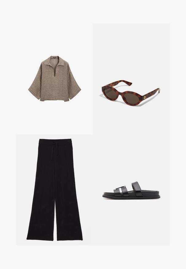 Brown linen blouse with a collar, deep V-neck, and wide bell sleeves. Features vertical white stripes and a relaxed, boxy shape.; Black, wide-leg trousers made from mesh fabric with a drawstring waist. The texture is breathable and lightweight, suitable for casual wear.; Black slide sandals featuring two wide straps and a minimalist design. Made from smooth synthetic material with a flat sole.; Tortoiseshell sunglasses with rounded frames, dark lenses, and gold logo detailing on the temples. Smooth plastic material, no visible patterns.