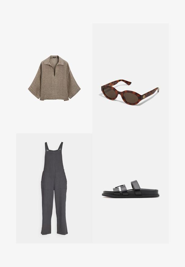 Brun linnblus med krage, djup V-ringning och vida ärmar. Har vertikala vita ränder och en avslappnad, fyrkantig form.; Grå linoverall med vida ben, justerbara axelband och två stora framfickor. Har en strukturerad tygkvalitet och tryckknappar.; Svarta sandaler med platt sula och två breda remmar, med en minimalistisk design. Tillverkade av slät syntetisk material.; Skalbagge solglasögon med runda bågar, mörka linser och guldlogo på skalmarna. Slät plastmaterial, inga synliga mönster.