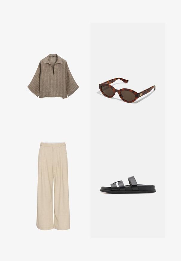 Bruine linnen blouse met een kraag, diepe V-hals en brede klokmouwen. Bevat verticale witte strepen en heeft een relaxte, boxy pasvorm.; Beige wijde broek van een textuurstof met een hoge taille, voorzien van twee knopen aan de voorkant en dubbele zijzakken voor functionaliteit.; Zwarte slippers met twee brede banden en een minimalistisch ontwerp. Gemaakt van glad synthetisch materiaal met een platte zool.; Schildpadbril met ronde montuur, donkere lenzen en gouden logo-detailering op de achterste pootjes. Glad kunststof materiaal, zonder zichtbare patronen.