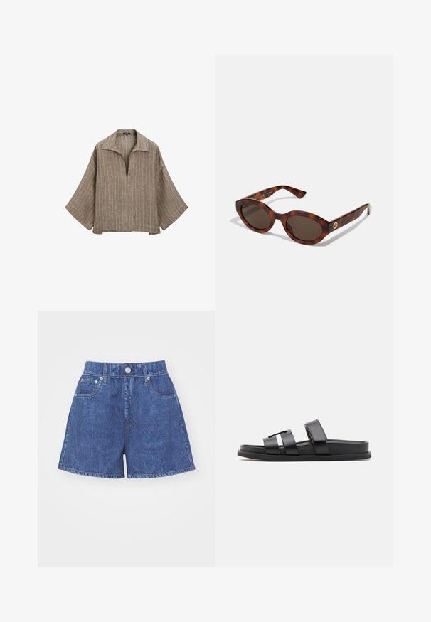 Blouse en lin marron avec un col, décolleté en V profond et manches évasées larges. Présente des rayures blanches verticales et une forme décontractée et carrée.; Shorts en denim bleu foncé à taille haute, avec fermeture à boutons, deux poches avant et détails de couture sur l'ourlet.; Sandales à glissière noires avec deux larges brides et un design minimaliste. Fabriquées en matériau synthétique lisse avec une semelle plate.; Lunettes de soleil en écaille de tortue avec des montures rondes, des verres foncés et des détails en or sur les branches. Matériau en plastique lisse, sans motifs visibles.