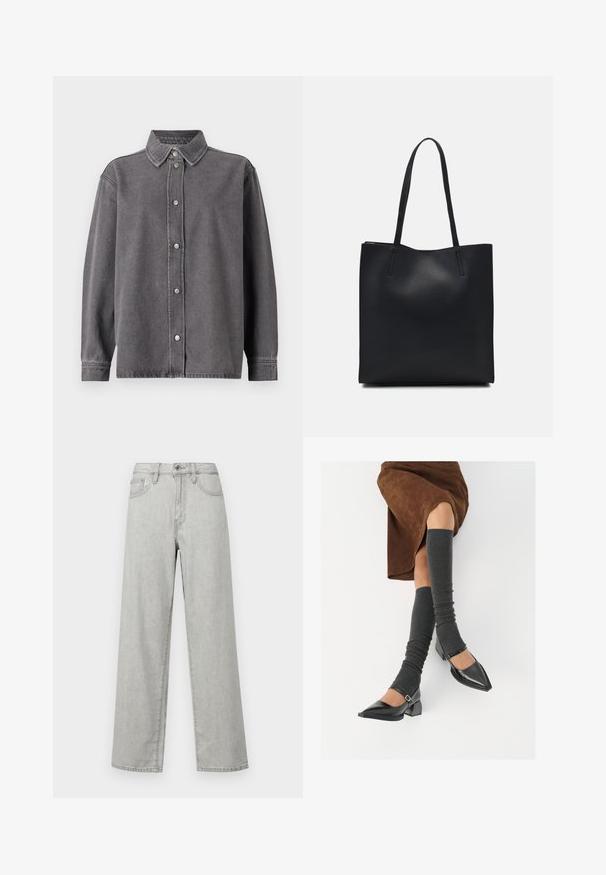 Szürke farmering, gombos elöl, hosszú ujjakkal és hegyes gallérral. Két elülső zsebet és laza szabást tartalmaz.; Világosszürke, bőszárú farmernadrág, magas derékkal, elülső zsebekkel, és hagyományos gombos cipzárral.; Fekete lakk bőrből készült, hegyes orrú cipők, tömbsarkúakkal és bokapánttal, szürke bordás lábszármelegítőkkel és barna velúr szoknyával párosítva.; Fekete bőrtáska sima felszínnel, téglalap alakú, két hosszú füllel. Nincs látható fémkiegészítő vagy díszítés.