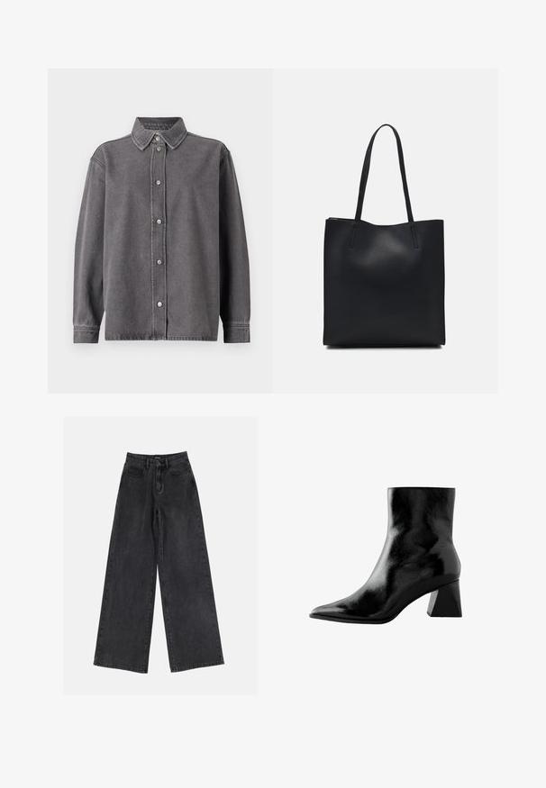Szürke farmering, gombos elöl, hosszú ujjakkal és hegyes gallérral. Két elülső zsebet és laza szabást tartalmaz.; Fekete, bő szárú farmernadrág magas derekkal, klasszikus öt zsebes kialakítással és enyhe kopással. Tartós anyag, sima textúrával.; Fekete bokacsizma fényes felülettel, hegyes orral és vaskos négyzetes sarkal. Sima textúrával és letisztult, minimalista dizájnnal.; Fekete bőrtáska sima felszínnel, téglalap alakú, két hosszú füllel. Nincs látható fémkiegészítő vagy díszítés.