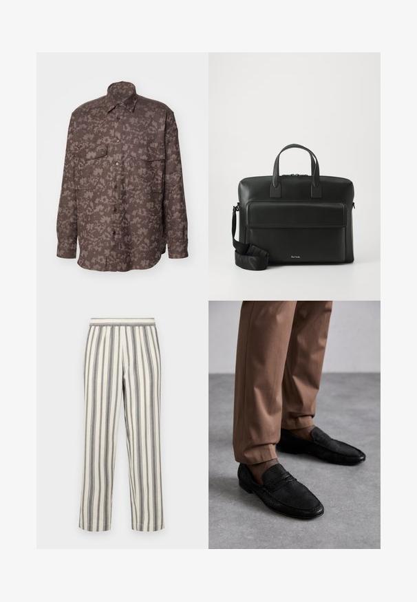 Camicia a maniche lunghe realizzata in tessuto marrone testurizzato con un motivo a foglie, dotata di due tasche sul petto e chiusura frontale con bottoni.; Pantaloni a righe di un colore crema chiaro con sottili strisce verticali grigie. Presentano una vita elastica e una vestibilità dritta.; Mocassini neri con un motivo testurizzato, dotati di punta arrotondata e profilo basso. Abbinati a pantaloni beige su una superficie grigia.; Valigetta in pelle nera con manici superiori doppi, una tasca frontale e una tracolla staccabile, con un sottile marchio in fondo.