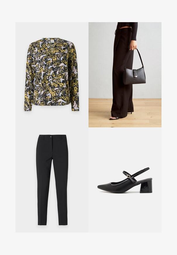 Bluza z dolgimi rokavi v črni barvi, s cvetličnim vzorcem v rumeni, svetlo modri in rožnati barvi. Oblika V-izreza in mehka, lahka tkanina.; Črne prilegajoče hlače iz gladkega materiala, z klasičnim pasom, sprednjim zadrgo in stranskimi žepi ter elegantnim, krojenim dizajnom.; Črne patentne usnjene salonarce s slingback obliko, s koničastim nosom, zaobljenim izrezom in blok peto. Imajo zlato kovinsko zaponko kot dodatno okrasje.; Črna torbica z strukturirano obliko, gladko teksturo in kovinskim zaponko. Ujemajo se z širokimi črnimi hlačami in odprtimi sandali na lesenem tleh.