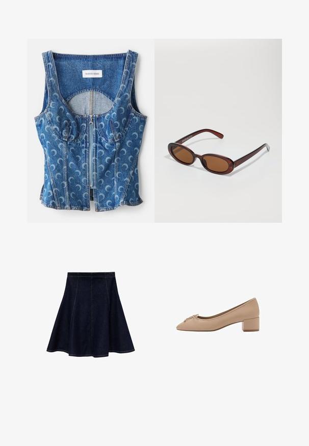 Denimowy crop top z zapięciem na zamek z przodu, szczegółami krzywych szwów oraz powtarzającym się wzorem w kształcie półksiężyca w jasnoniebieskim kolorze na ciemnoniebieskiej bazie.; Denimowa spódnica w kształcie litery A w ciemnoniebieskim kolorze z kontrastującym żółtym przeszyciem. Charakteryzuje się dopasowanym stanem oraz rozkloszowanym dołem, gładką teksturą i brakiem ozdób.; Beżowe skórzane szpilki z lekko spiczastym noskiem, małym detalem w postaci kokardki z przodu oraz kwadratowym, niskim obcasem. Gładka faktura z minimalnym przeszyciem.; Okrągłe, brązowe okulary przeciwsłoneczne z błyszczącą bordową oprawą. Cienkie ramiona z subtelnym detalem marki. Płaski kształt soczewek.; Brązowa skórzana torebka z podwójnymi uchwytami, okrągłym kształtem, złotymi okuciem i centralnym detalem z klamrą. Gładka tekstura z haftowanymi akcentami.