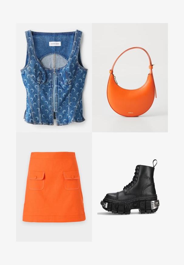 En denim crop top med lynlås foran, buede sømdetaljer og et gentaget halvmåne mønster i lyseblå på en mørkere blå baggrund.; Orange bomuldsnederdel med to frontlommer, knaplukninger og kontrasterende hvid syning. A-line form med en veldefineret talje.; Sort læder kampstøvle med høj krave, rund tå, tyk tekstureret sål, sølvfarvede hardwaredetaljer og karakteristisk sålmønster.; Orange læderhåndtaske med en halvmåneform, slank rem og guldhardware. Har en lynlåslukning og prægede brandnavn på forsiden.; Guldtonet kædetråd med en central vedhæng i kuppelform, korsaccent og klare rhinsten fordelt over det hele.