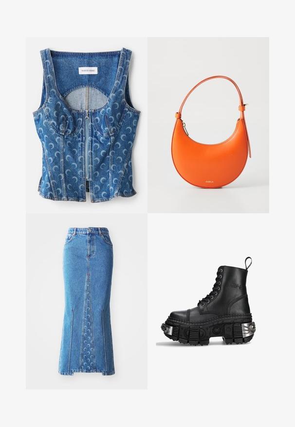 Jeanskort topp med dragkedja fram, rundad sömdetaljering och ett upprepat mönster av halvmånar i ljusblått på en mörkblå bas.; Denim midikjol i ljusblått med en framdelssprund, kontrasterande sömmar, två sidofickor och subtila vågmönstrade detaljer.; Svart läderkampskor med hög topp, rund tå, tjock strukturerad sula, silverdetaljer och ett distinkt mönster på sulan.; Orange läderhandväska med halvmåneform, smal rem och guldiga detaljer. Har dragkedjestängning och präglat varumärke på framsidan.; Guldtonad kedjehalsband med en central hänge i kupolform, korsaccent och klara rhinstenar genomgående.